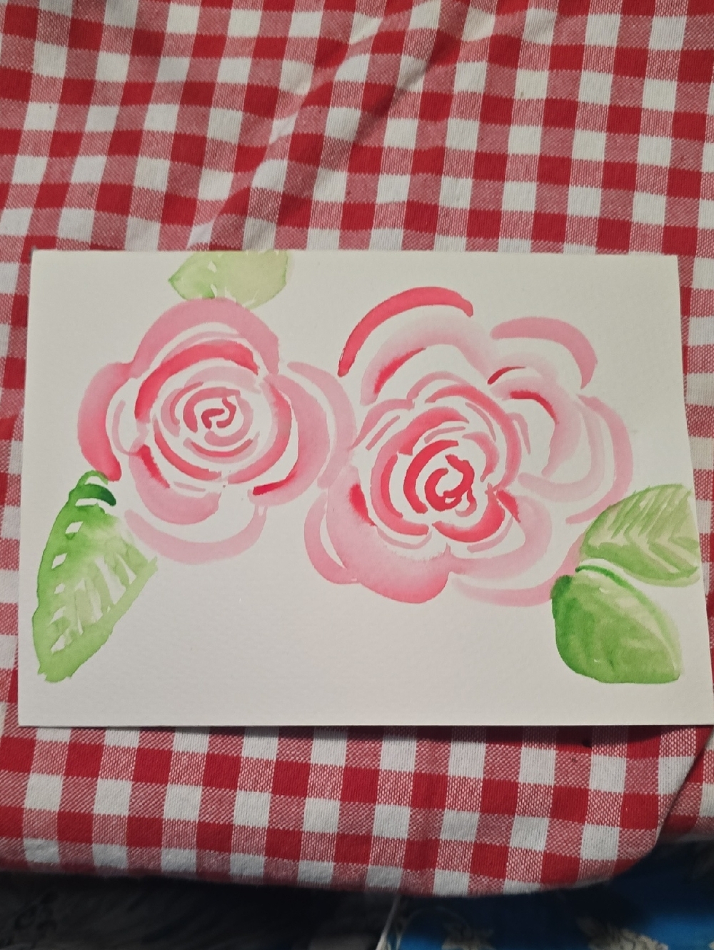 Handpainted Watercolor Rose Card in Pink and Green